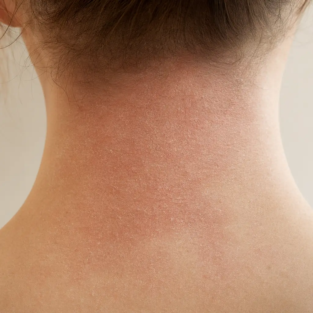 Dry, red, flaky skin on the back of the neck at the start of the trial